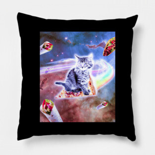 Laser Eyes Space Cat Riding Rainbow Pizza Pillow