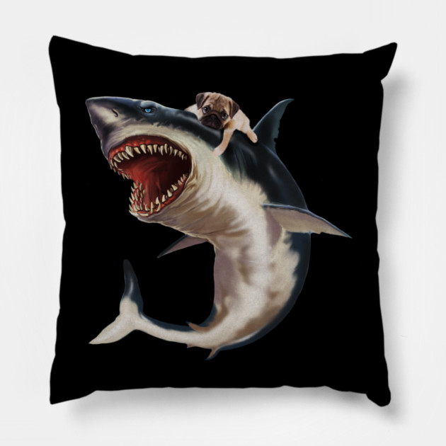 Funny Pug Dog Riding a Shark, Pug Lover Pillow by logiamerch