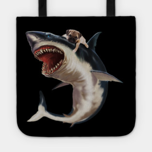 Funny Pug Dog Riding a Shark, Pug Lover Tote