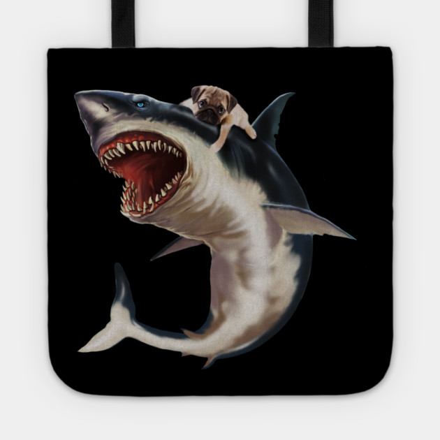 Funny Pug Dog Riding a Shark, Pug Lover Tote by logiamerch