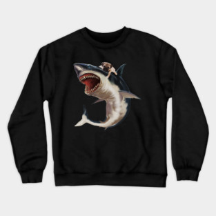 Funny Pug Dog Riding a Shark, Pug Lover Crewneck Sweatshirt