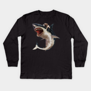Funny Pug Dog Riding a Shark, Pug Lover Kids Long Sleeve T-Shirt
