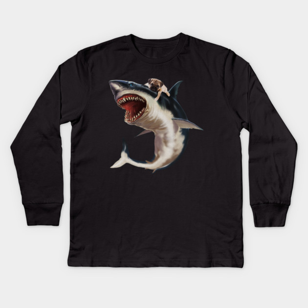 Funny Pug Dog Riding a Shark, Pug Lover Kids Long Sleeve T-Shirt by logiamerch