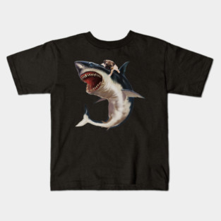 Funny Pug Dog Riding a Shark, Pug Lover Kids T-Shirt