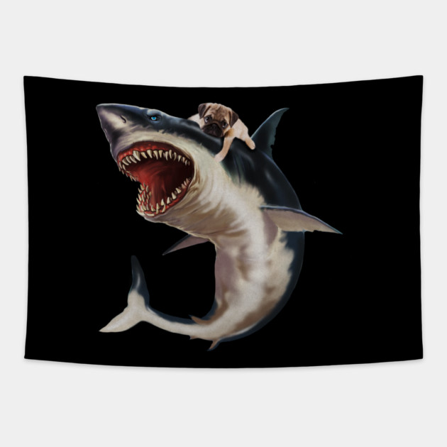 Funny Pug Dog Riding a Shark, Pug Lover Tapestry by logiamerch