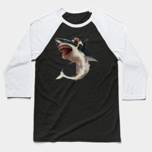 Funny Pug Dog Riding a Shark, Pug Lover Baseball T-Shirt