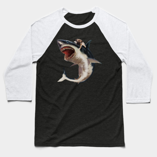 Funny Pug Dog Riding a Shark, Pug Lover Baseball T-Shirt by logiamerch