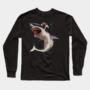 Funny Pug Dog Riding a Shark, Pug Lover Long Sleeve T-Shirt