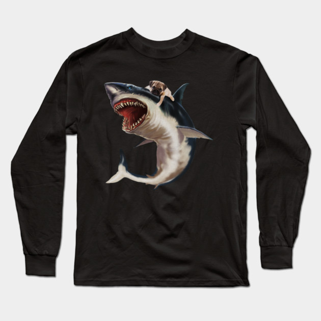 Funny Pug Dog Riding a Shark, Pug Lover Long Sleeve T-Shirt by logiamerch