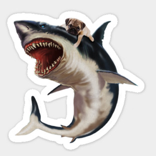 Funny Pug Dog Riding a Shark, Pug Lover Sticker
