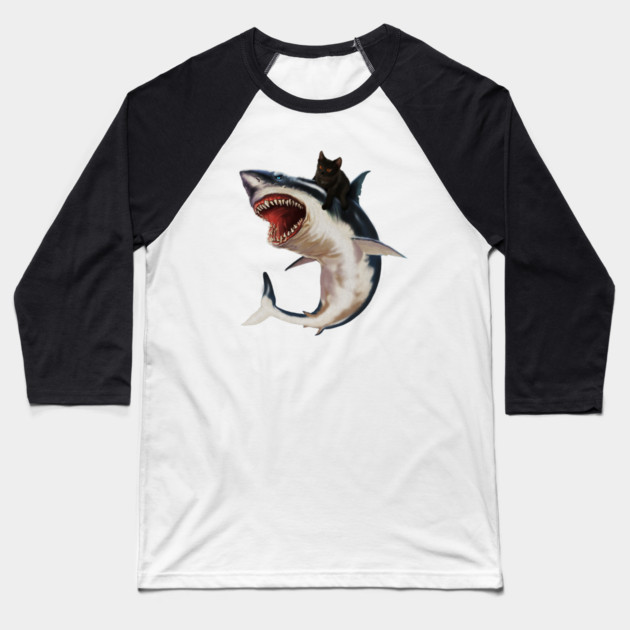 Funny Black Cat Riding a Shark, Cat Lover Baseball T-Shirt by logiamerch