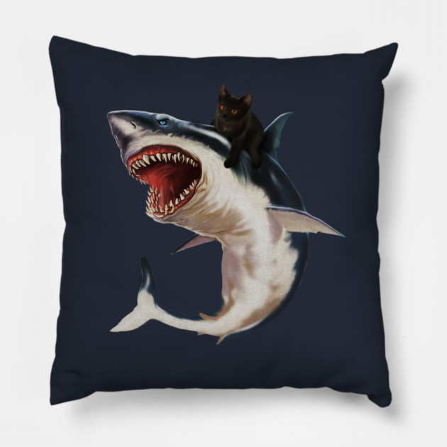 Funny Black Cat Riding a Shark, Cat Lover Pillow by logiamerch