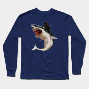 Funny Black Cat Riding a Shark, Cat Lover Long Sleeve T-Shirt