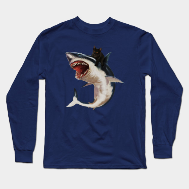 Funny Black Cat Riding a Shark, Cat Lover Long Sleeve T-Shirt by logiamerch