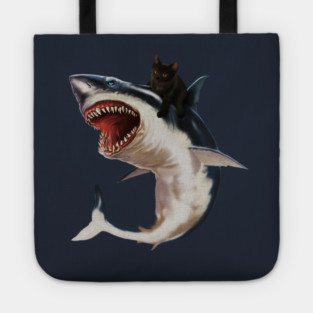 Funny Black Cat Riding a Shark, Cat Lover Tote