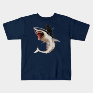Funny Black Cat Riding a Shark, Cat Lover Kids T-Shirt