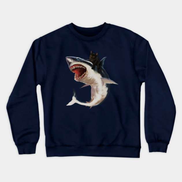 Funny Black Cat Riding a Shark, Cat Lover Crewneck Sweatshirt by logiamerch