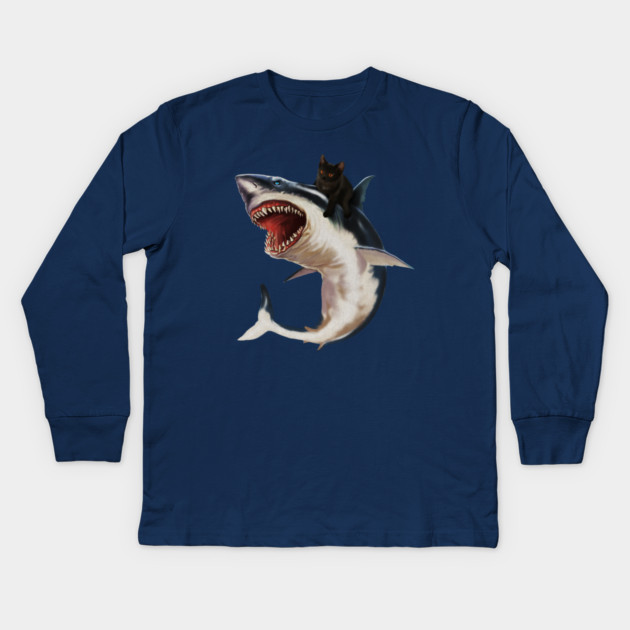 Funny Black Cat Riding a Shark, Cat Lover Kids Long Sleeve T-Shirt by logiamerch