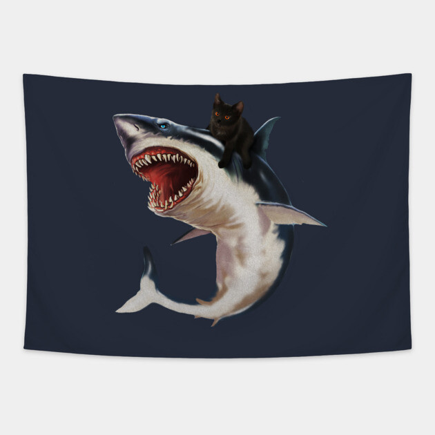 Funny Black Cat Riding a Shark, Cat Lover Tapestry by logiamerch