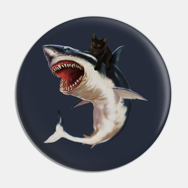 Funny Black Cat Riding a Shark, Cat Lover Pin by logiamerch