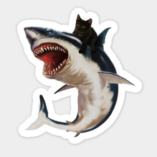 Funny Black Cat Riding a Shark, Cat Lover Sticker