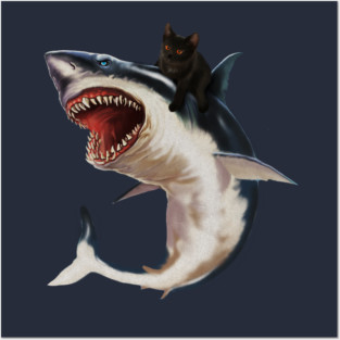 Funny Black Cat Riding a Shark, Cat Lover Posters and Art