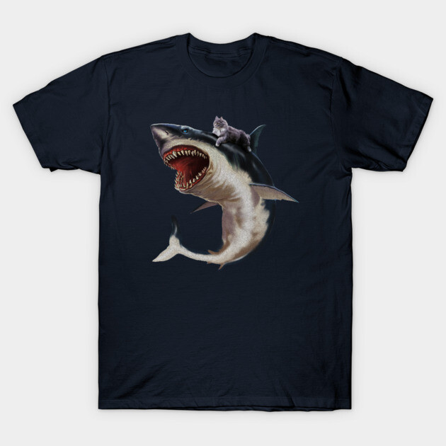Funny Maine Coon Cat Riding Shark, Cat Lover T-Shirt by logiamerch