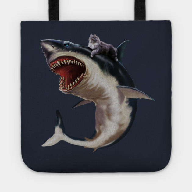 Funny Maine Coon Cat Riding Shark, Cat Lover Tote by logiamerch