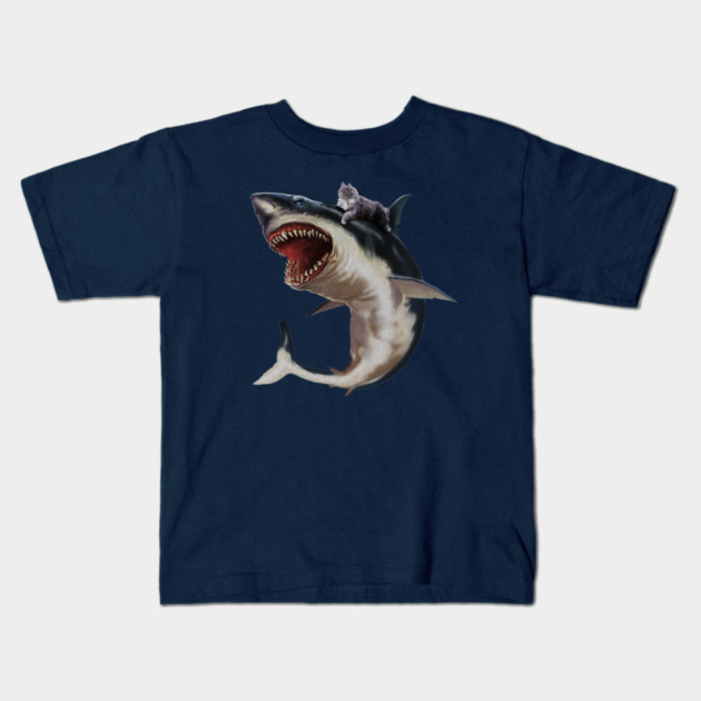 Funny Maine Coon Cat Riding Shark, Cat Lover Kids T-Shirt by logiamerch