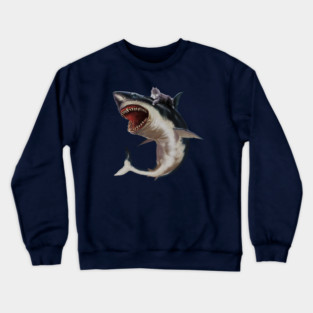 Funny Maine Coon Cat Riding Shark, Cat Lover Crewneck Sweatshirt