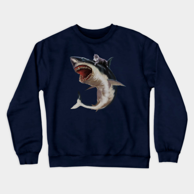 Funny Maine Coon Cat Riding Shark, Cat Lover Crewneck Sweatshirt by logiamerch