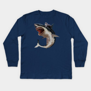 Funny Maine Coon Cat Riding Shark, Cat Lover Kids Long Sleeve T-Shirt