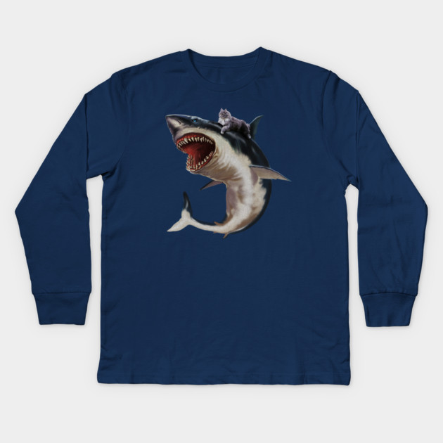 Funny Maine Coon Cat Riding Shark, Cat Lover Kids Long Sleeve T-Shirt by logiamerch
