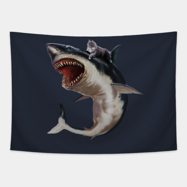 Funny Maine Coon Cat Riding Shark, Cat Lover Tapestry by logiamerch