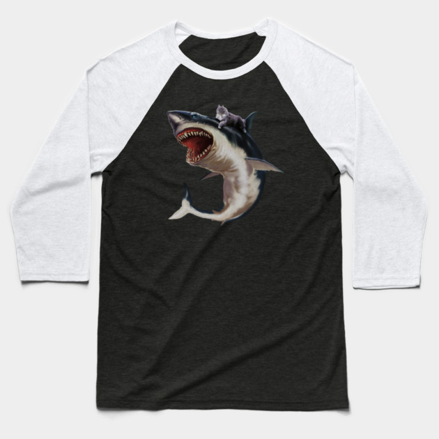 Funny Maine Coon Cat Riding Shark, Cat Lover Baseball T-Shirt by logiamerch