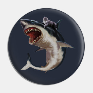 Funny Maine Coon Cat Riding Shark, Cat Lover Pin