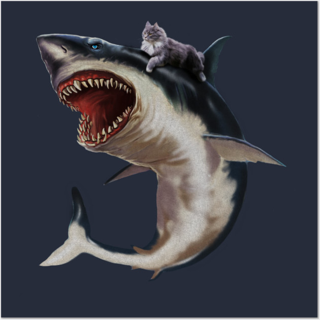 Funny Maine Coon Cat Riding Shark, Cat Lover Wall Art by logiamerch