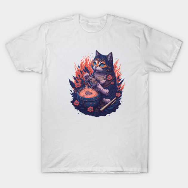 Fantasy cat eating ramen illustration T-Shirt by DrollDrifter