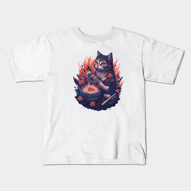 Fantasy cat eating ramen illustration Kids T-Shirt by DrollDrifter