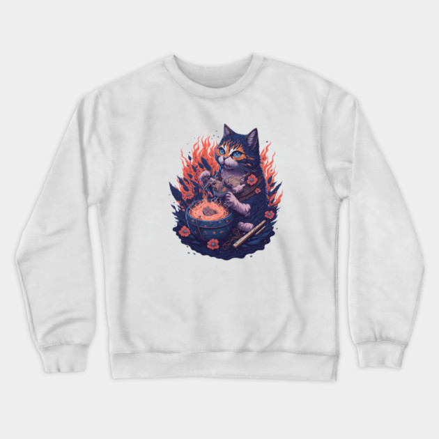 Fantasy cat eating ramen illustration Crewneck Sweatshirt by DrollDrifters