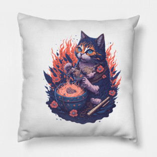 Fantasy cat eating ramen illustration Pillow