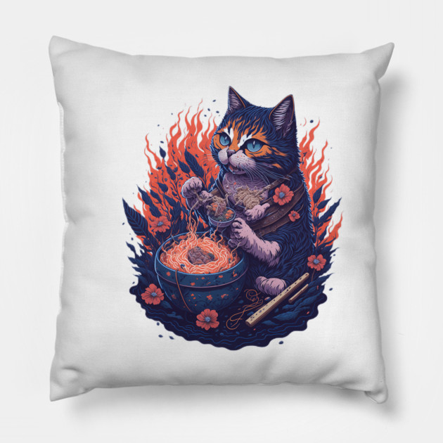 Fantasy cat eating ramen illustration Pillow by DrollDrifter