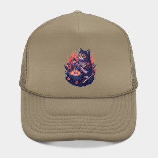 Fantasy cat eating ramen illustration Hat