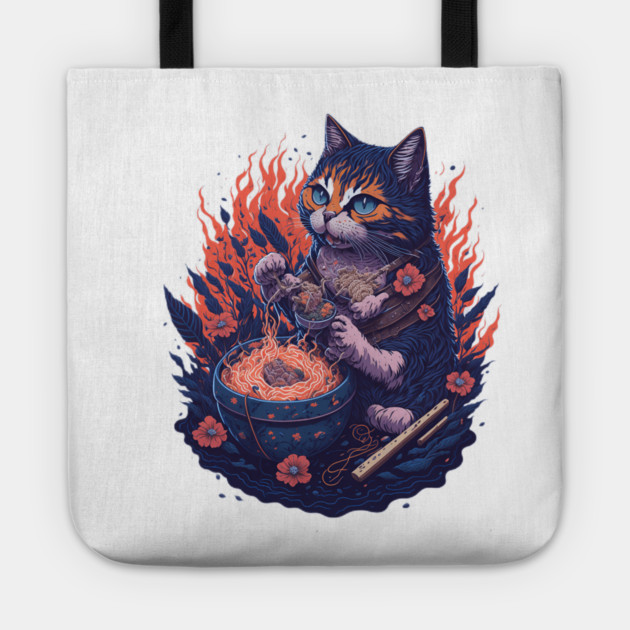 Fantasy cat eating ramen illustration Tote by DrollDrifter