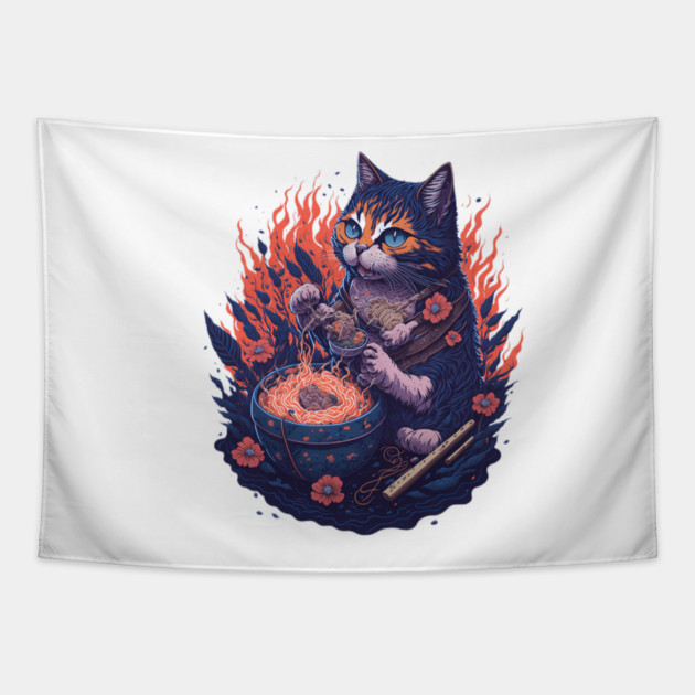Fantasy cat eating ramen illustration Tapestry by DrollDrifter