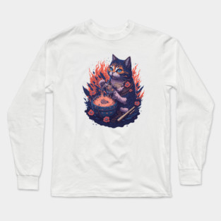 Fantasy cat eating ramen illustration Long Sleeve T-Shirt