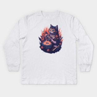 Fantasy cat eating ramen illustration Kids Long Sleeve T-Shirt