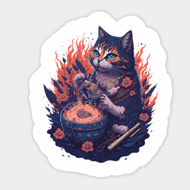 Fantasy cat eating ramen illustration Magnet by DrollDrifters