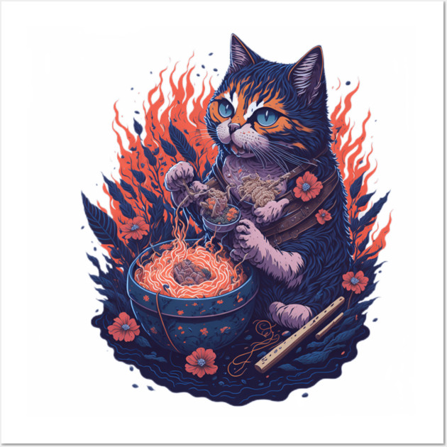 Fantasy cat eating ramen illustration Wall Art by DrollDrifter