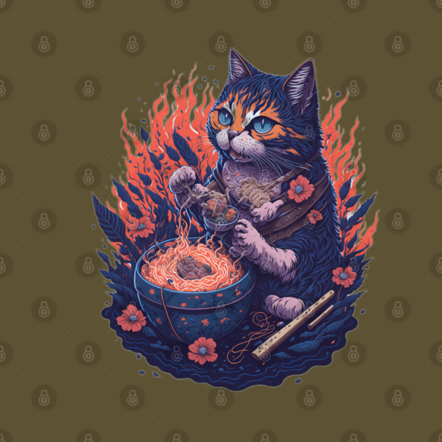 Fantasy cat eating ramen illustration by DrollDrifter